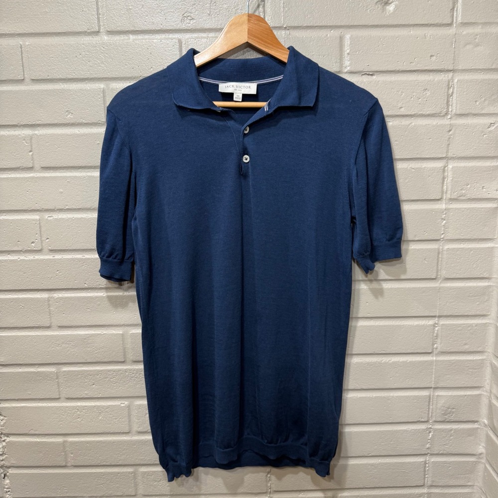 Jack Victor Cotton Silk Polo Sweater Made in Italy Navy Blue Mens M Quiet Luxury
